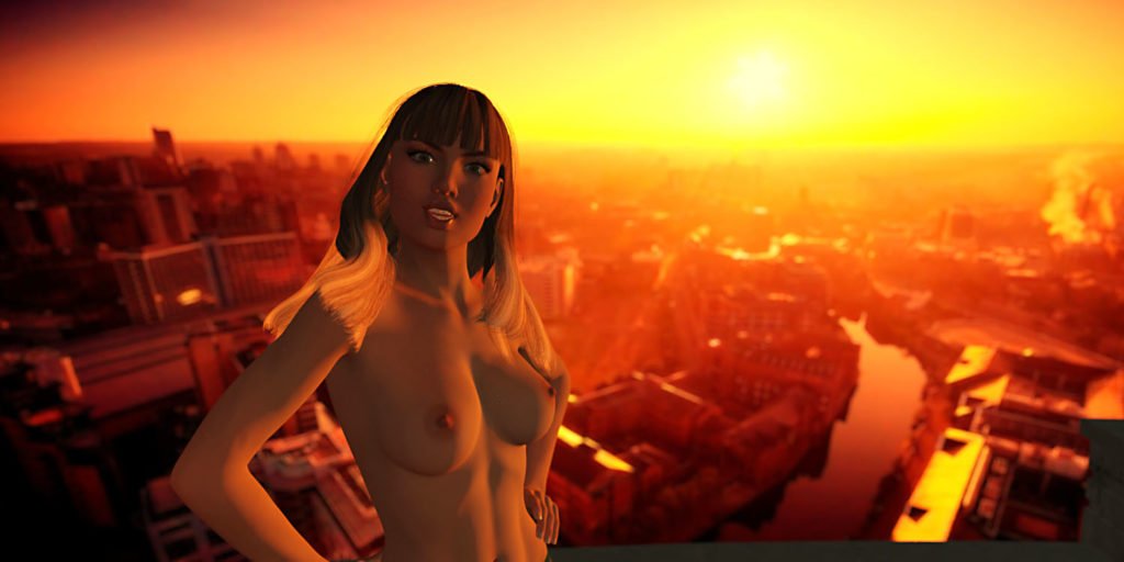 Chica desnuda Angelina en gradas en el techo sobre fondo al atardecer