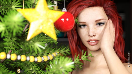 Sexy girl Emma Sweet stands near the Christmas tree and looks at the camera