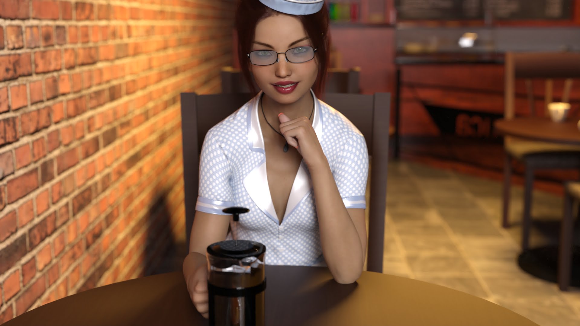 3D image of a waitress girl sitting in a bar
