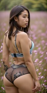 ass, bra, breasts, from behind, lips, looking back, solo, tattoo, asian woman, panties, outdoor, spring field, (depth of field