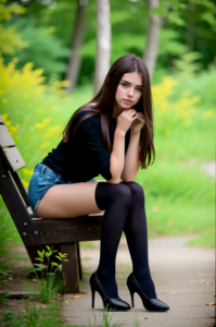 bench, black legwear, blue shorts, day, grass, high heels, lips, outdoors, sitting, solo, stockings, (depth of field